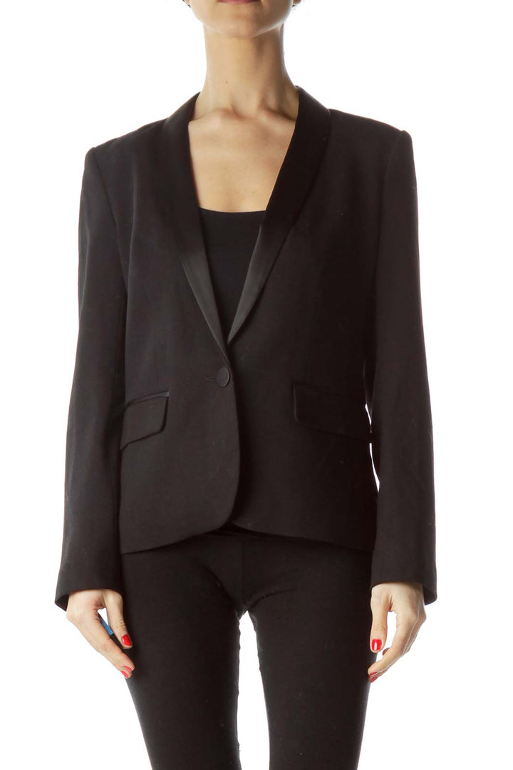 Black Deep V-Neck Long Sleeve Textured Blazer