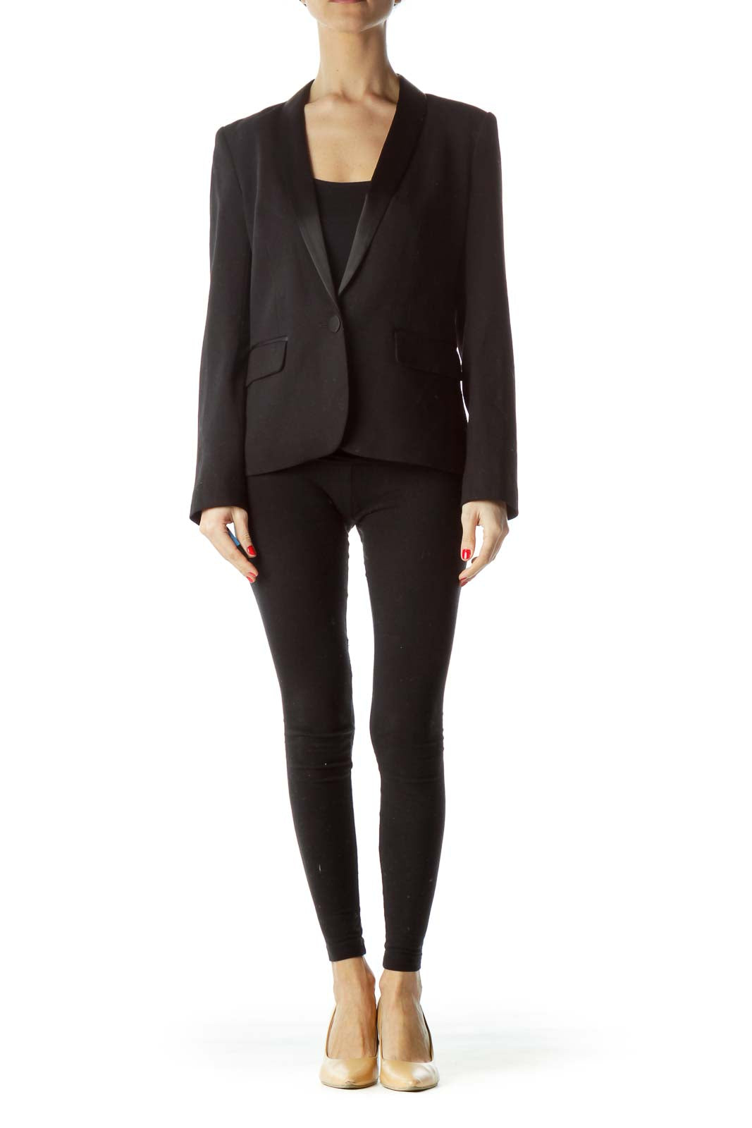 Black Deep V-Neck Long Sleeve Textured Blazer