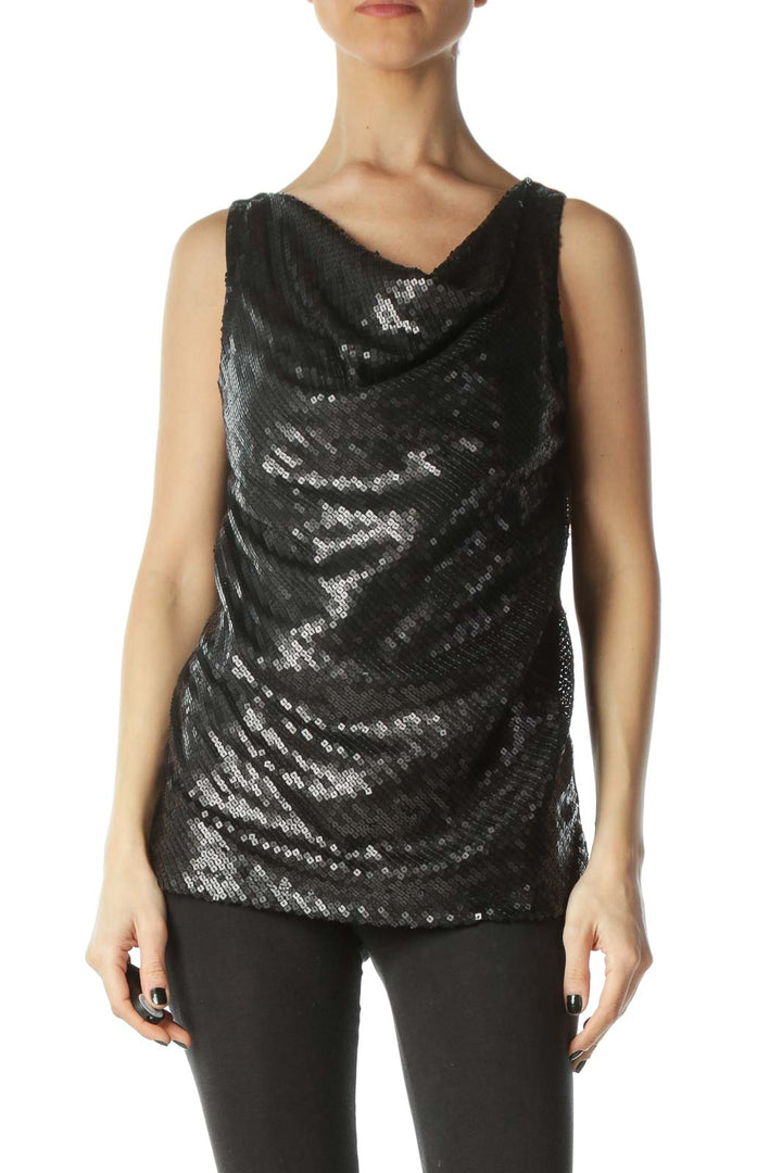 Black Front Sequined Cowl Neck Sleeveless Top