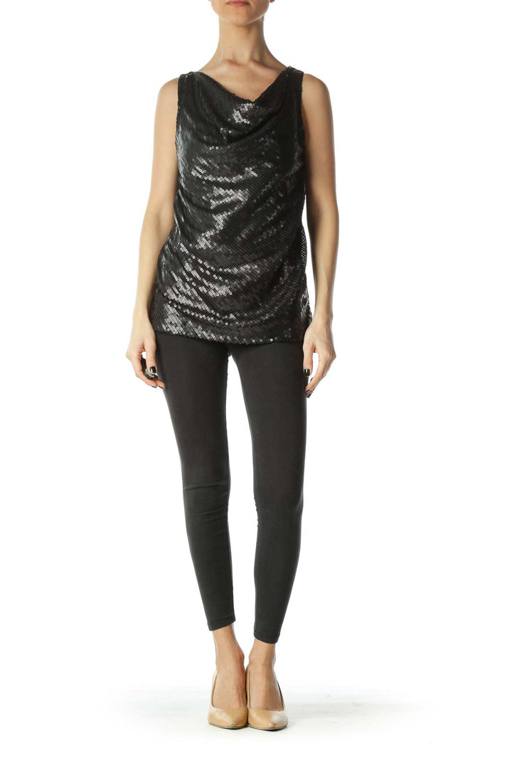 Black Front Sequined Cowl Neck Sleeveless Top