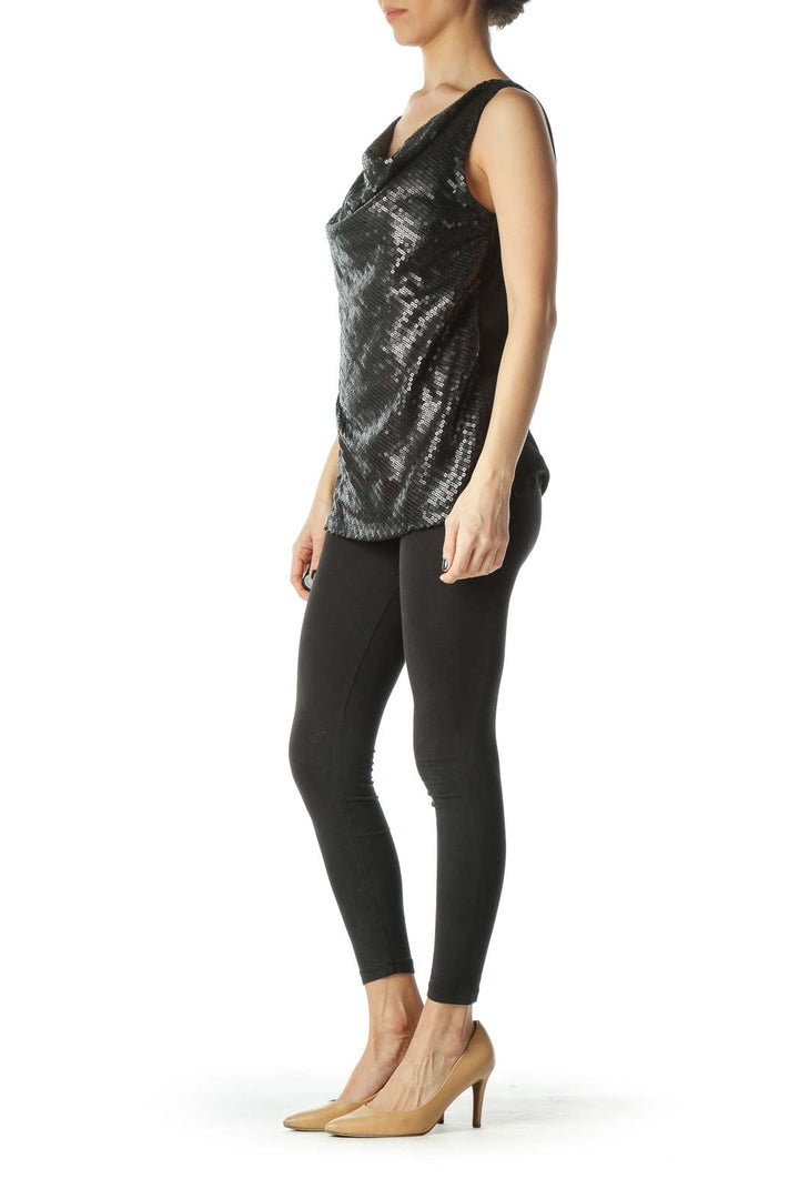 Black Front Sequined Cowl Neck Sleeveless Top