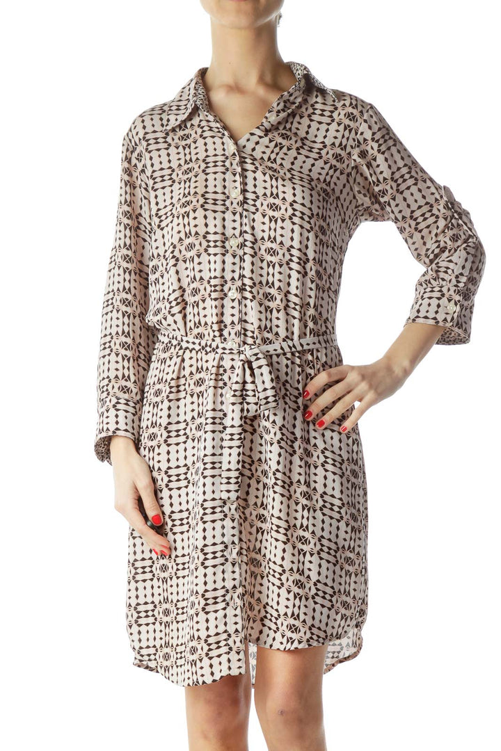 Beige Pink Black Print Buttoned Long-Sleeve Dress