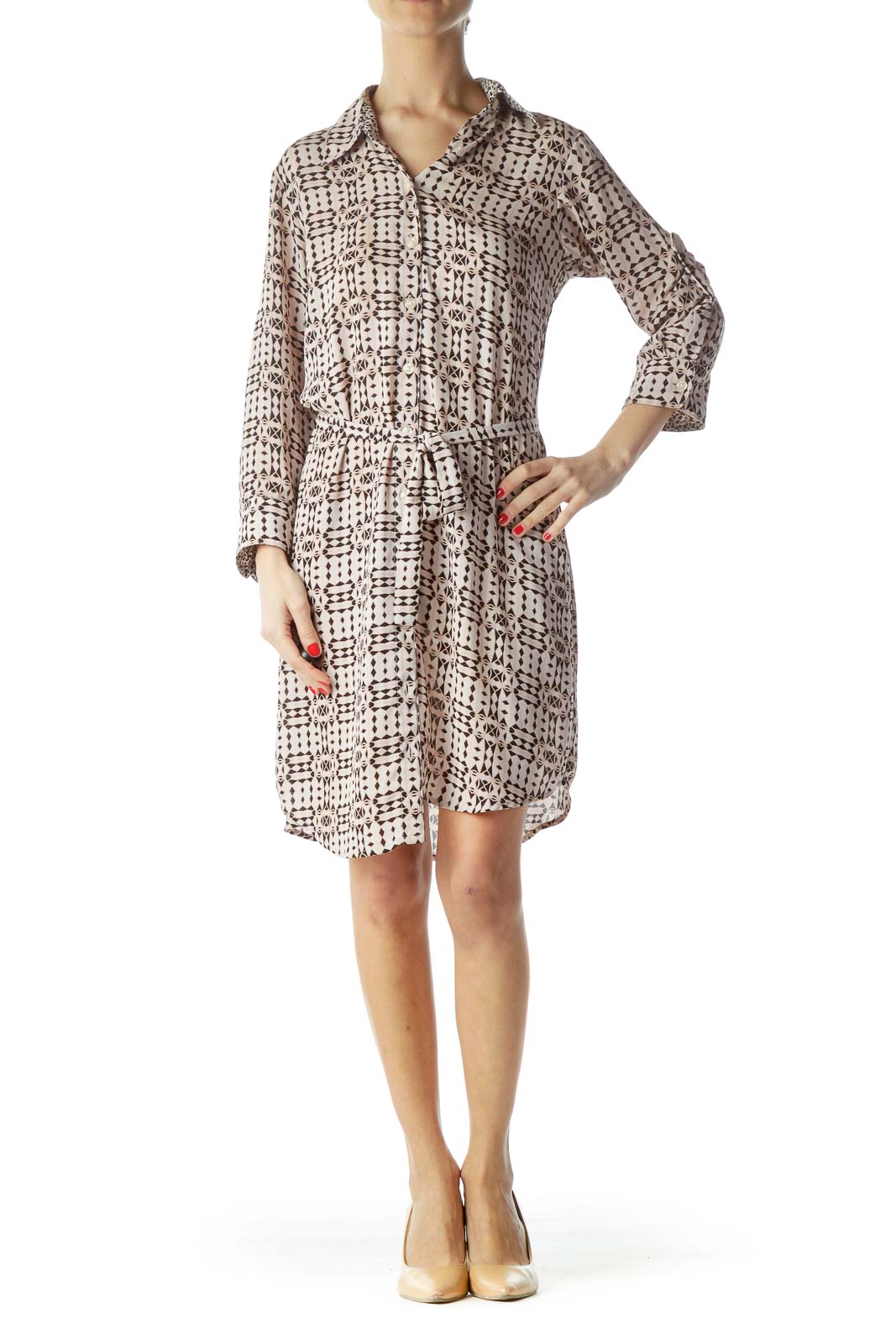 Beige Pink Black Print Buttoned Long-Sleeve Dress