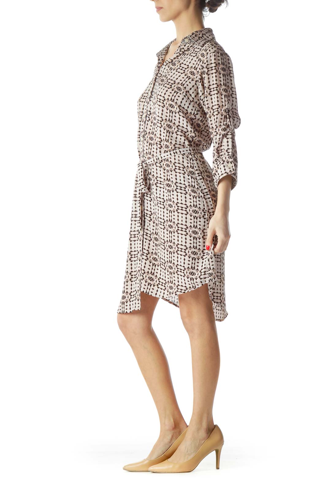 Beige Pink Black Print Buttoned Long-Sleeve Dress