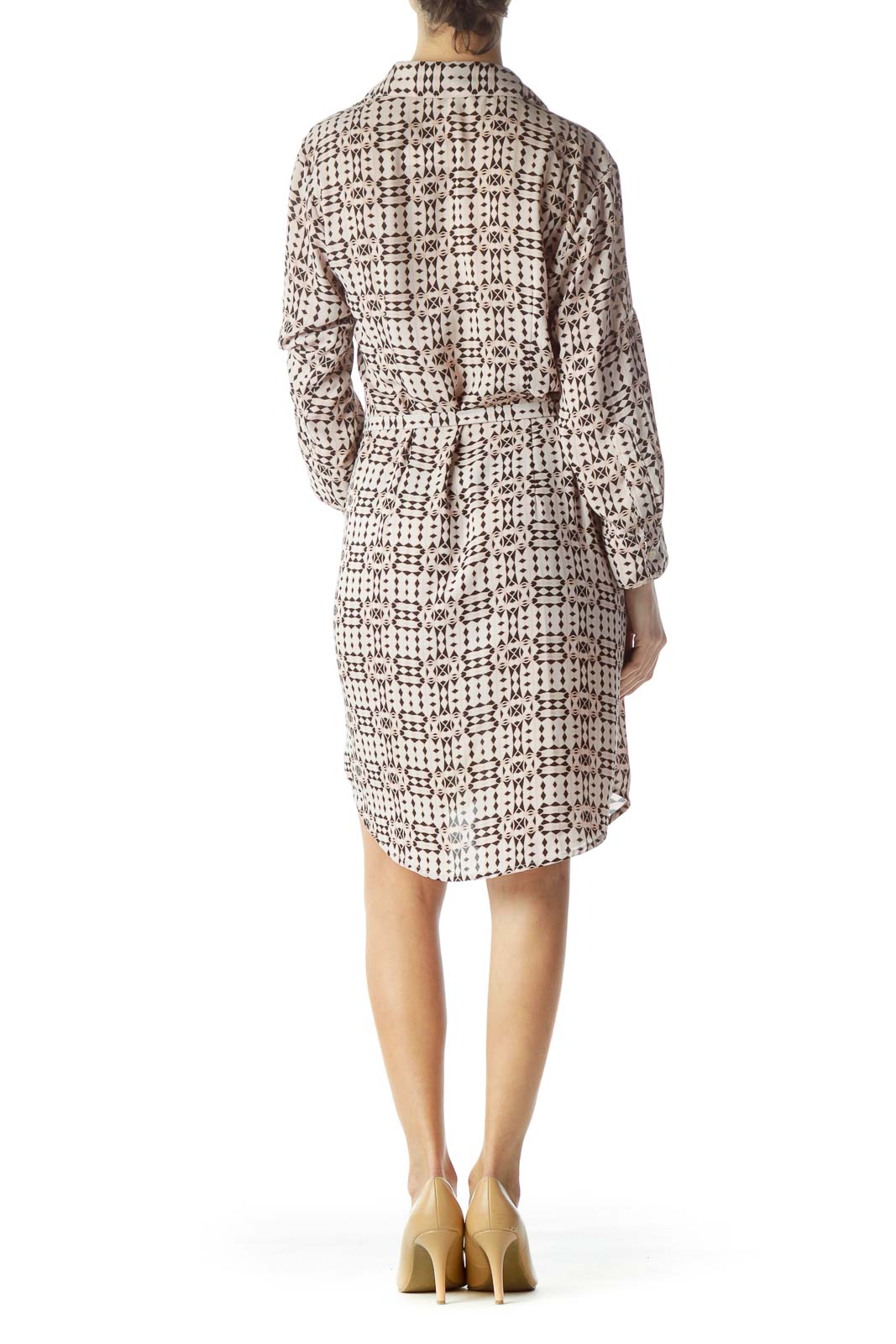 Beige Pink Black Print Buttoned Long-Sleeve Dress