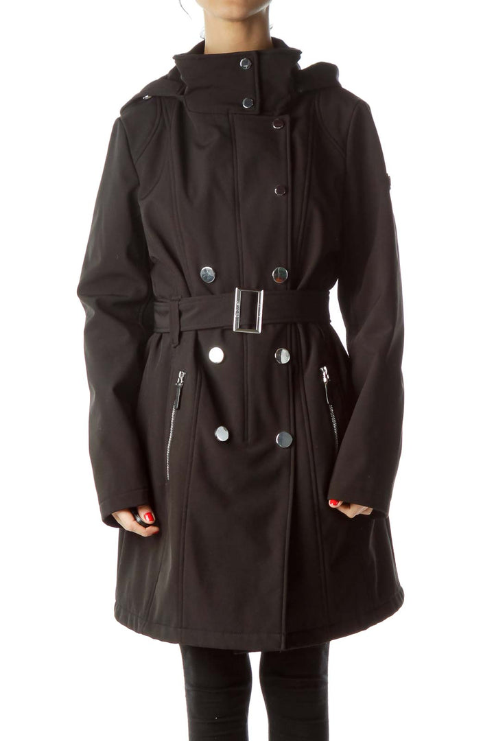 Black Hooded Zippered Belted Metal Buttons Coat