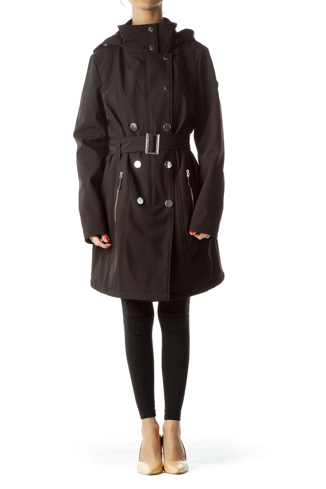 Black Hooded Zippered Belted Metal Buttons Coat