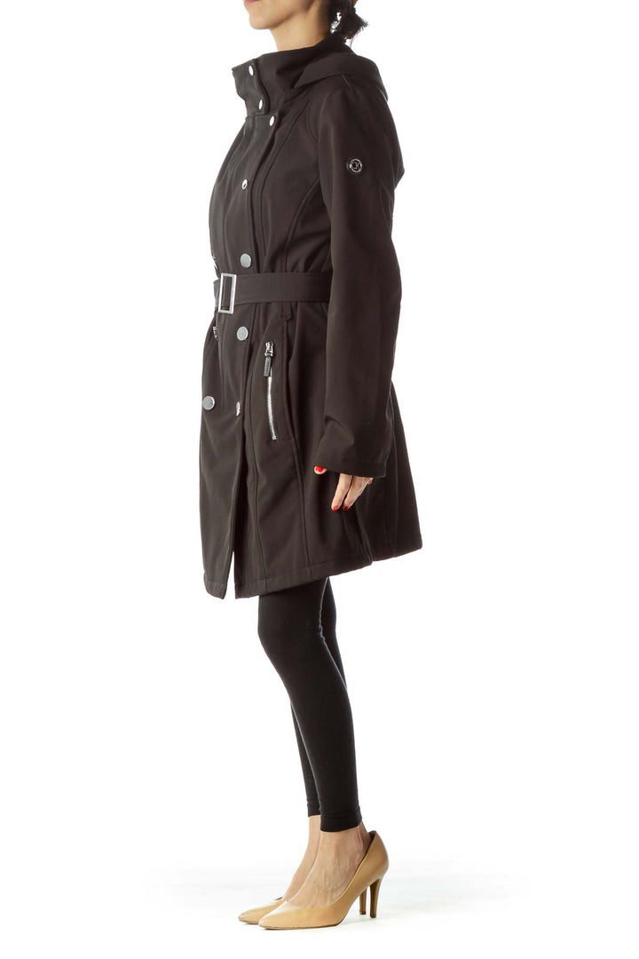 Black Hooded Zippered Belted Metal Buttons Coat