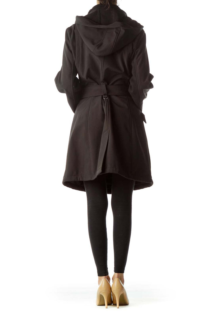 Black Hooded Zippered Belted Metal Buttons Coat