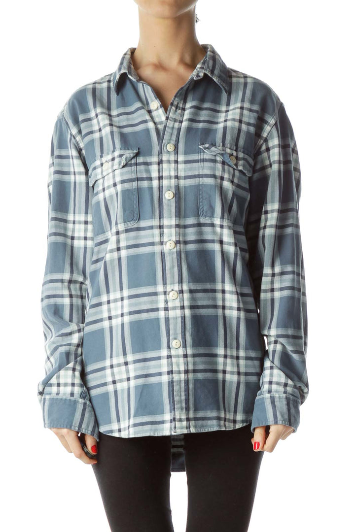 Blue White Plaid 100% Cotton Buttoned Shirt