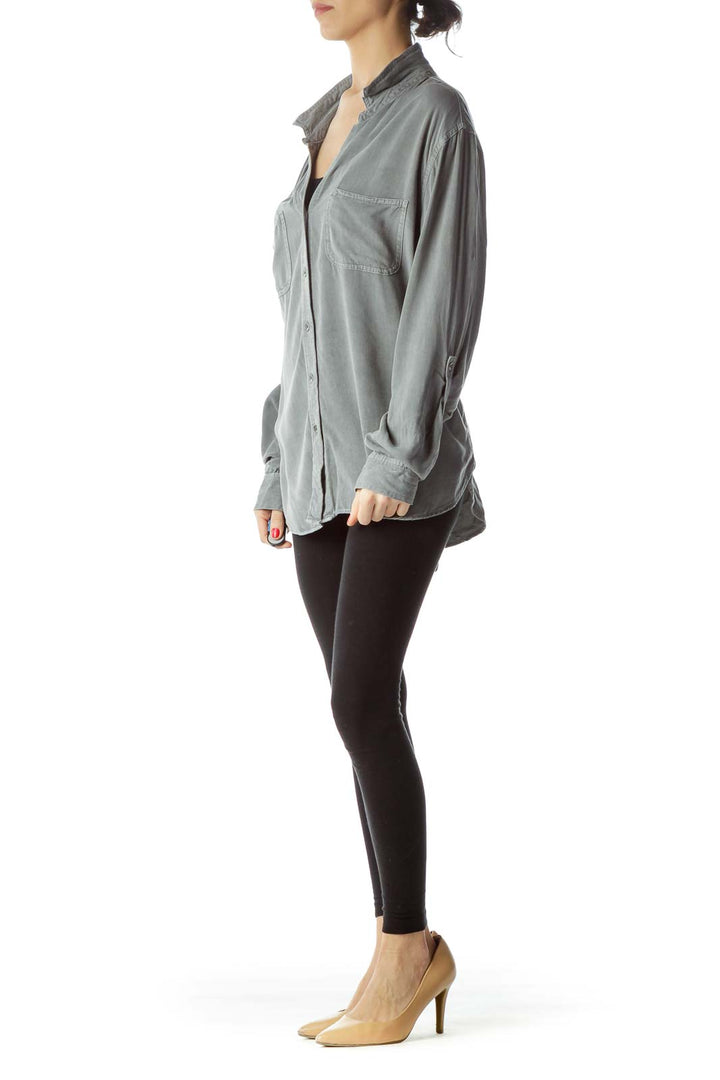 Gray Collared Pocketed Long Sleeve Shirt