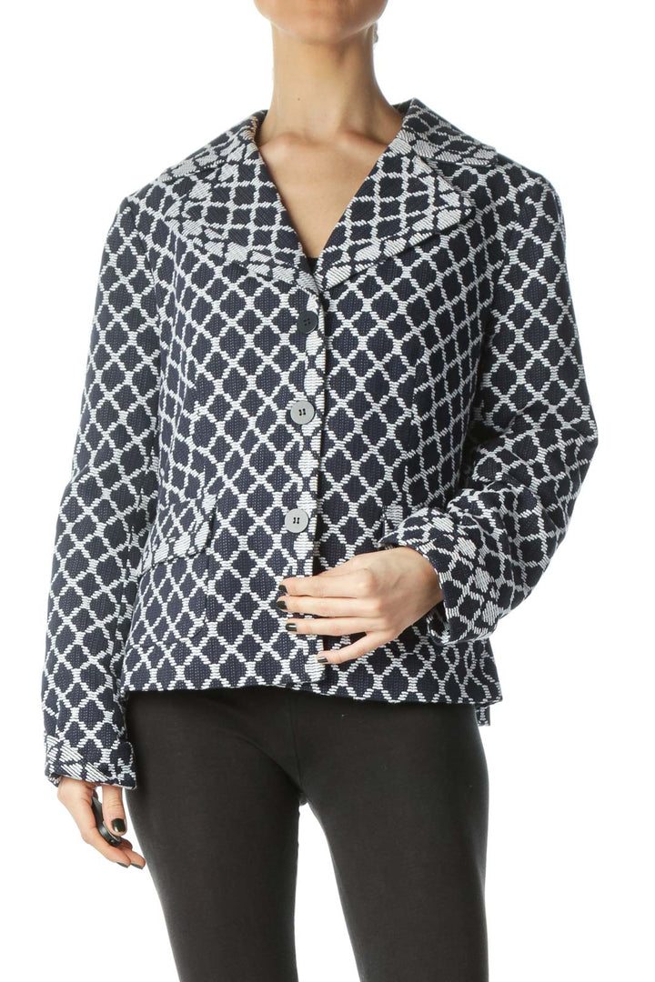 Blue White Textured Print Pocketed Blazer