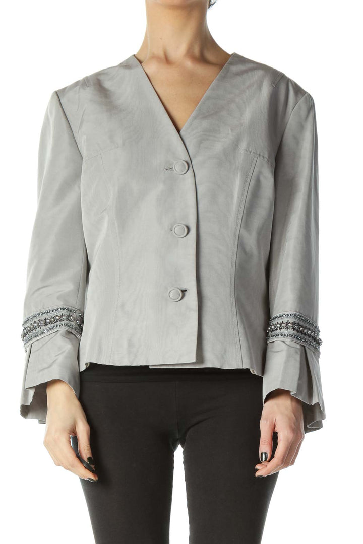 Gray Cotton Silk Sleeve Embellished Jacket