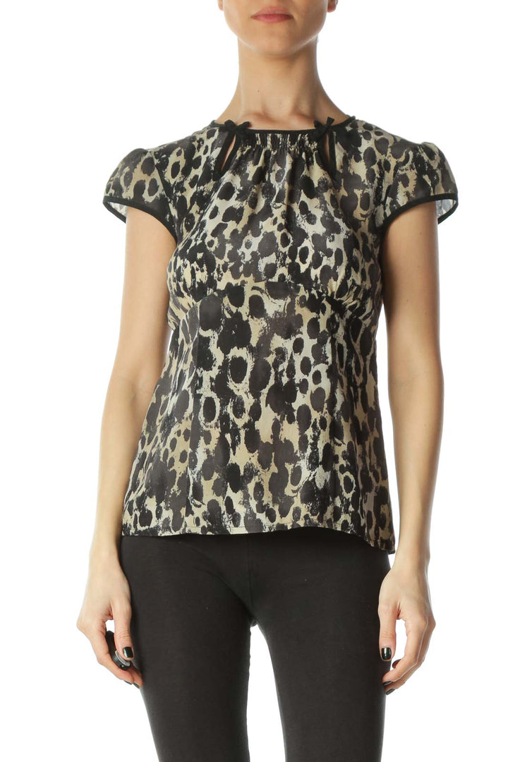 Black Beige Print 100% Silk Neck Bow Detail Top