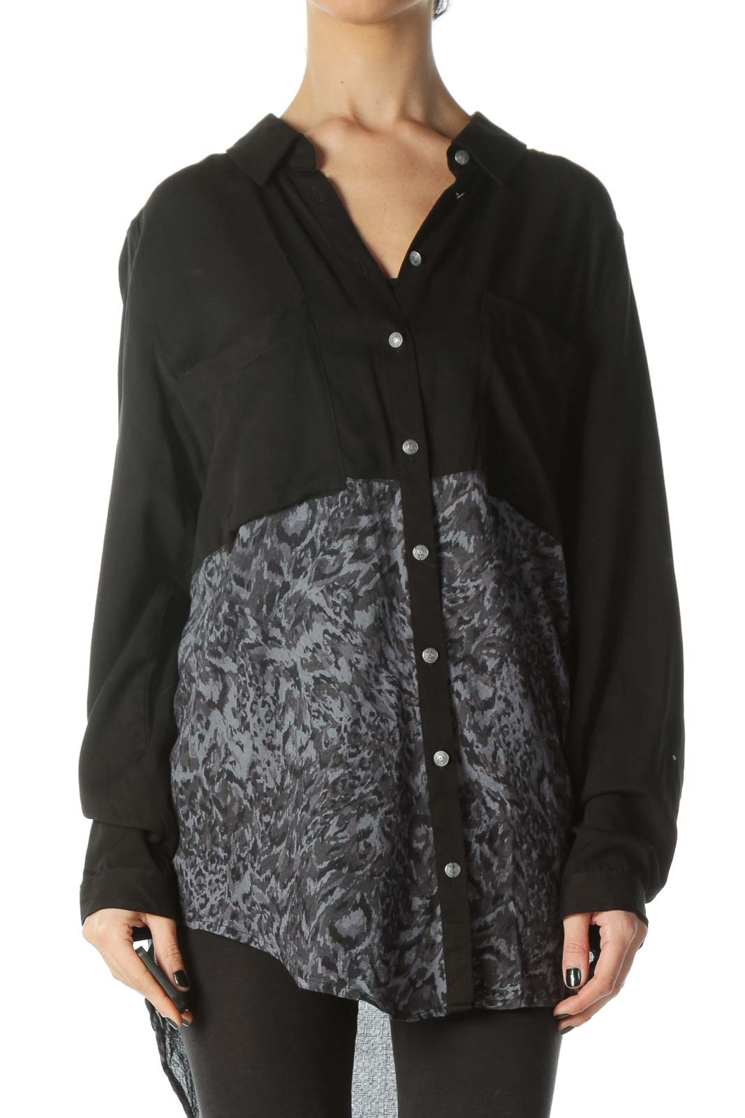 Front view of Free People black and gray patterned button-down shirt