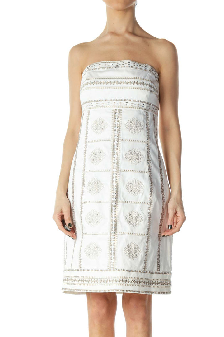 White Embroidered Strapless Cocktail Dress