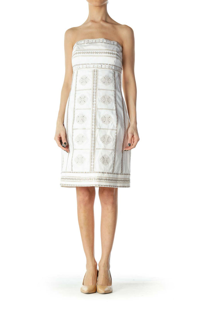 White Embroidered Strapless Cocktail Dress