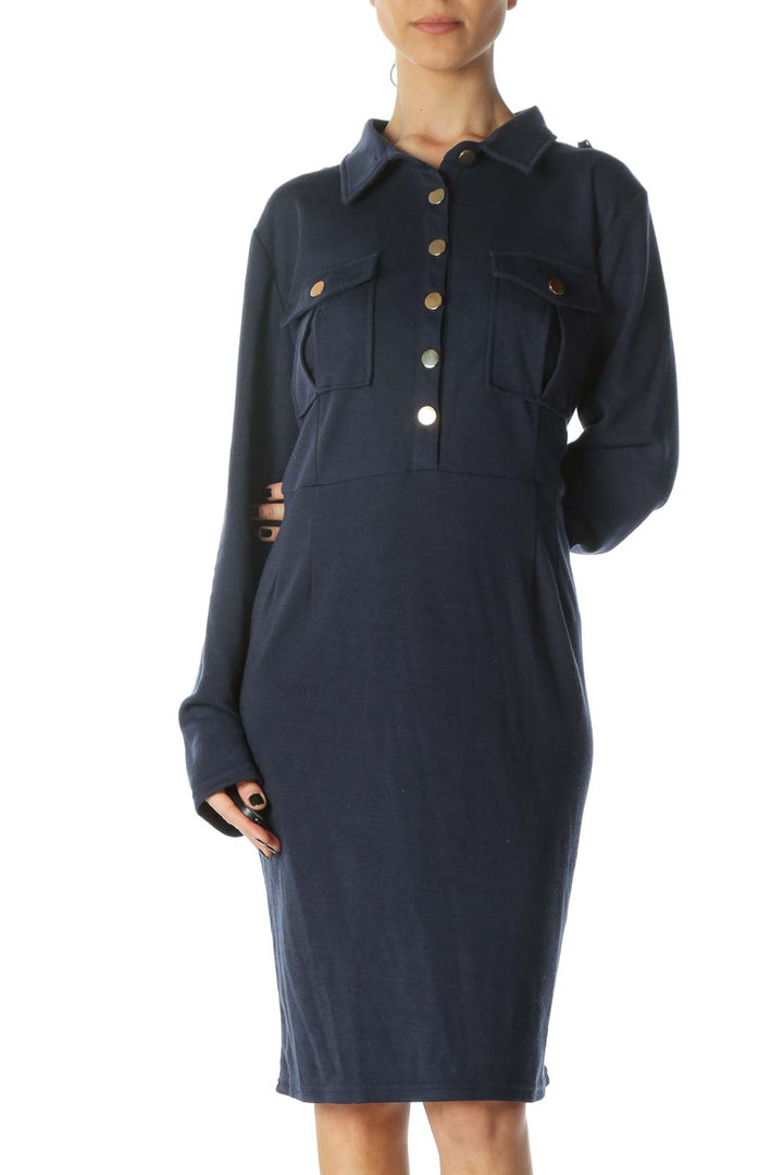 Navy Gold-Buttoned Casual Day Dress