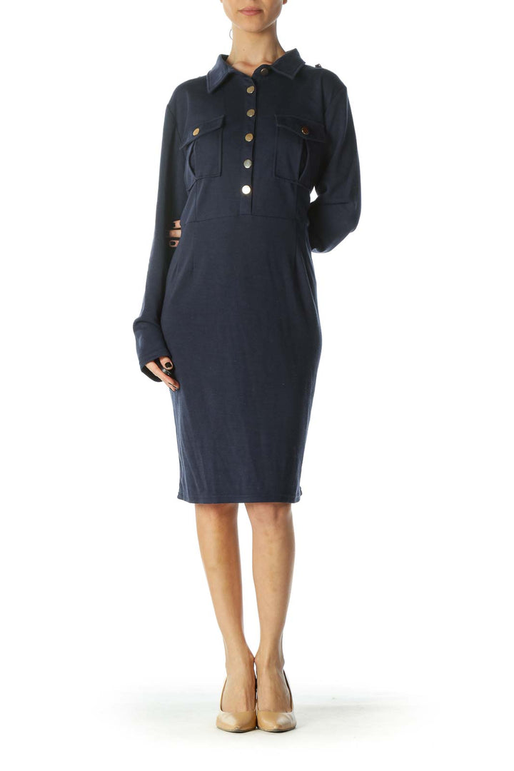 Navy Gold-Buttoned Casual Day Dress