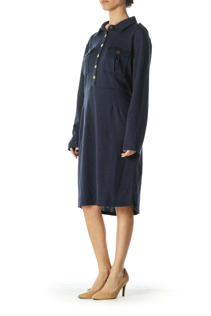 Navy Gold-Buttoned Casual Day Dress