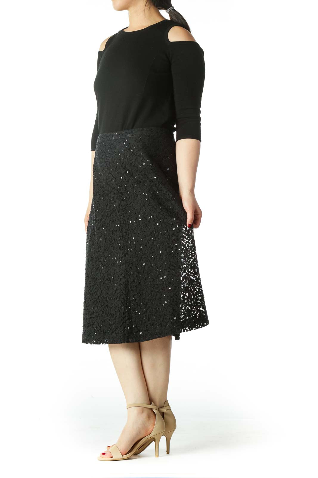 Black Lace Sequined Beaded A-LIne Skirt