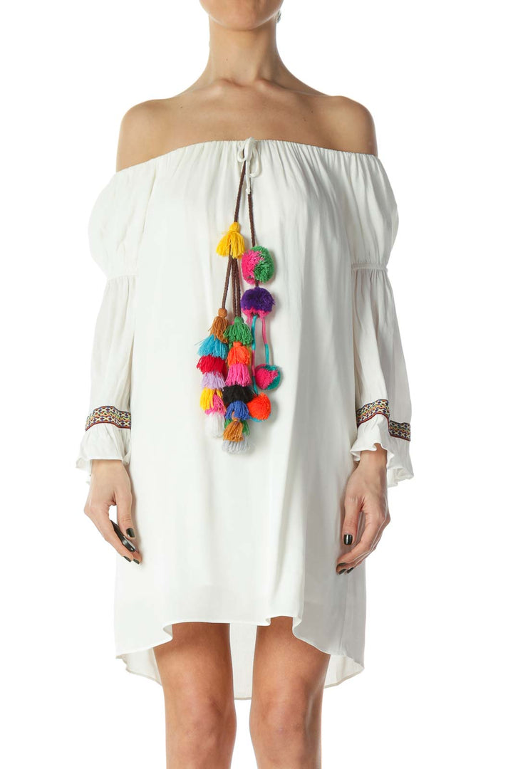 White Off-Shoulder Boho Pom-Pom Detail Dress