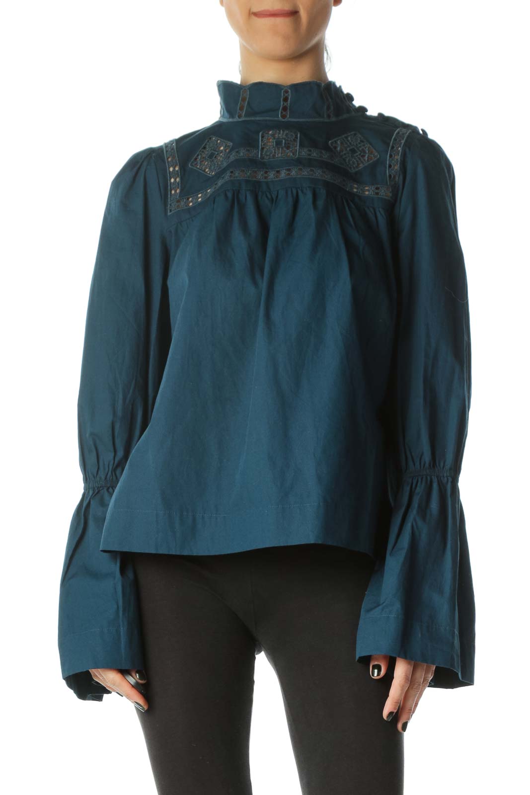 Front view of teal Free People blouse with embroidered neckline and bell sleeves