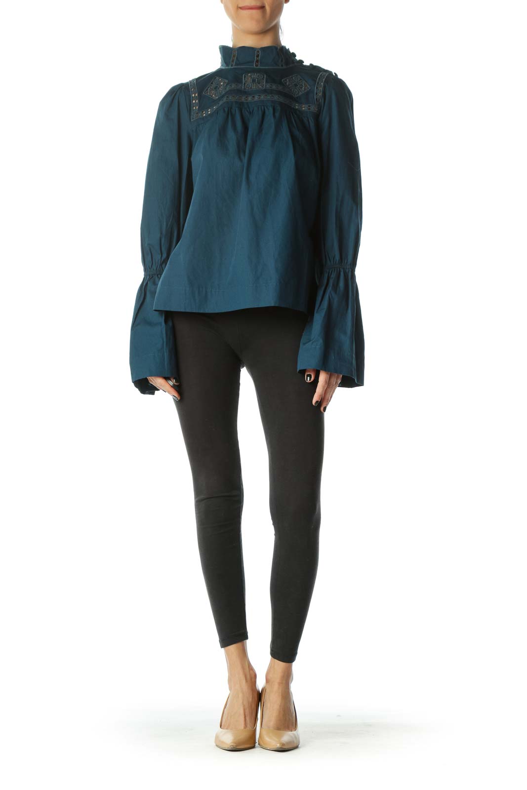 Front view of teal Free People blouse with embroidered neckline and bell sleeves