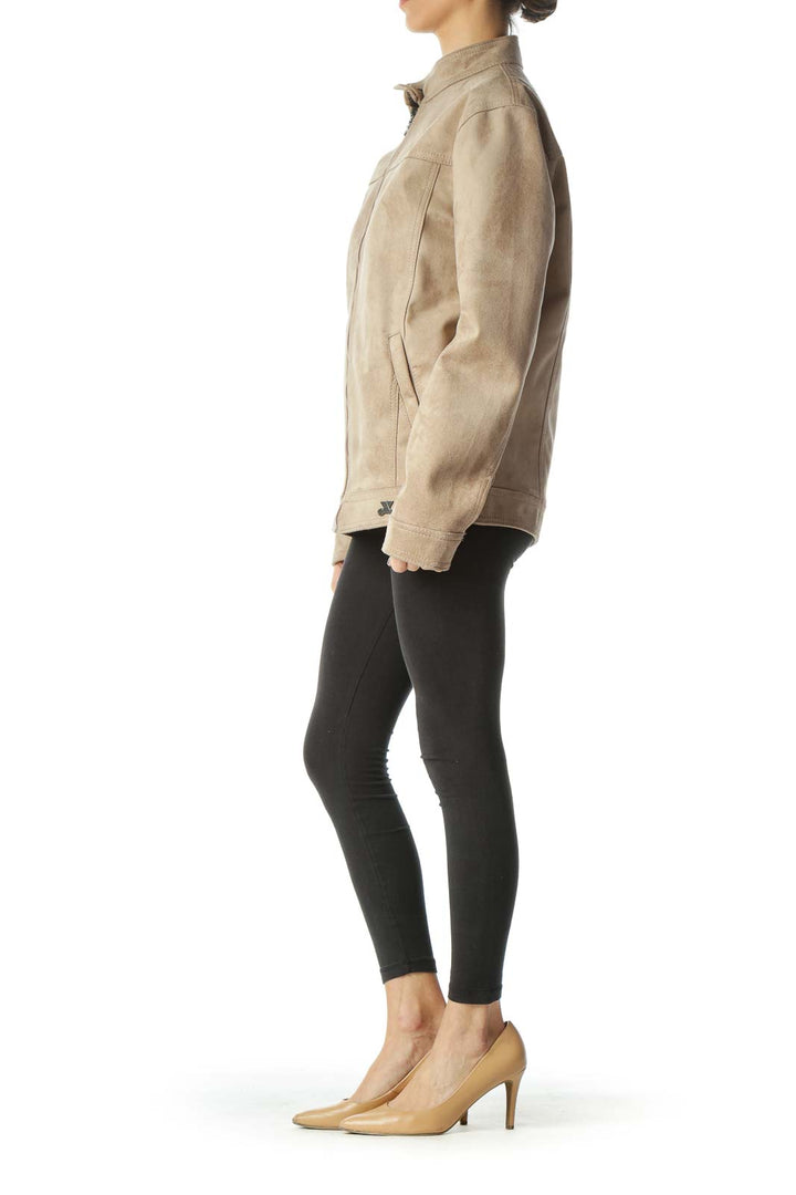 Beige Suede Body Pocketed Zippered Jacket