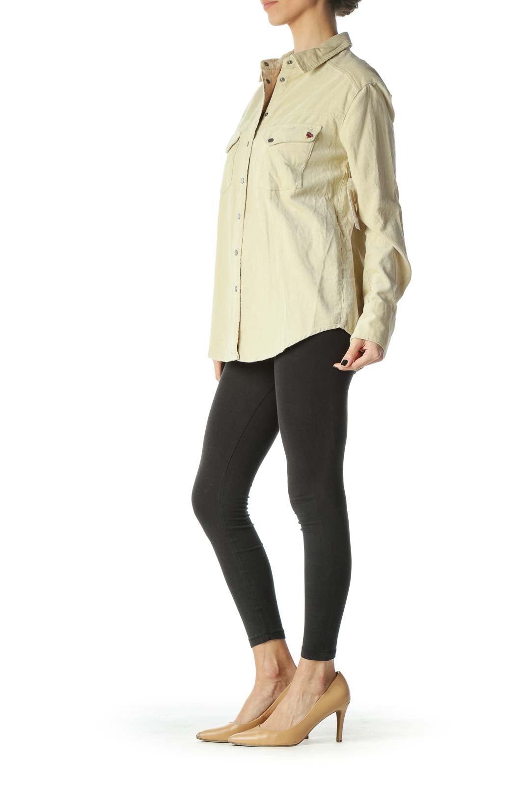 Front view of Free People beige embroidered button-up jacket on model