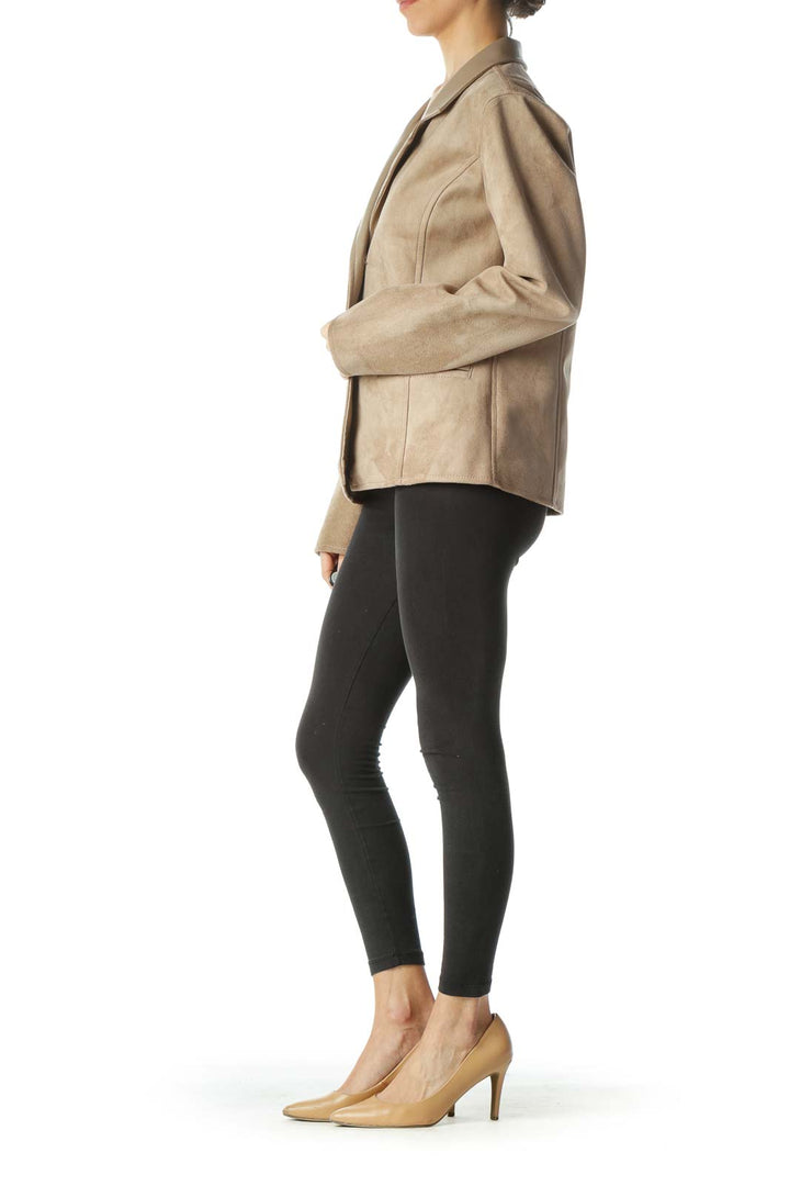 Beige Suede Buttoned Pocketed Jacket