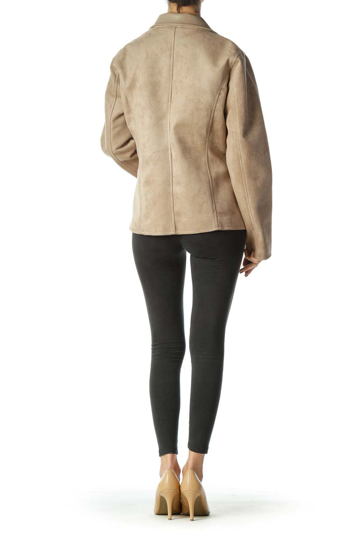 Beige Suede Buttoned Pocketed Jacket