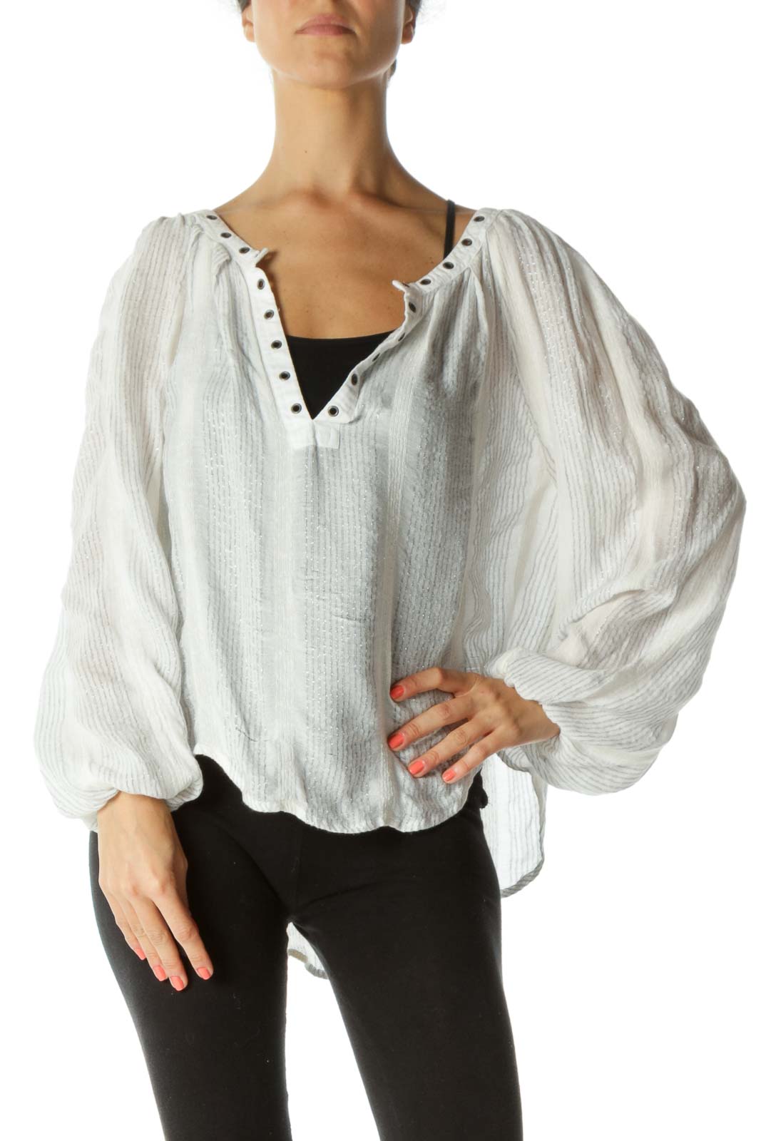 Front view of white Free People blouse with billowing sleeves and stud-detailed V-neckline