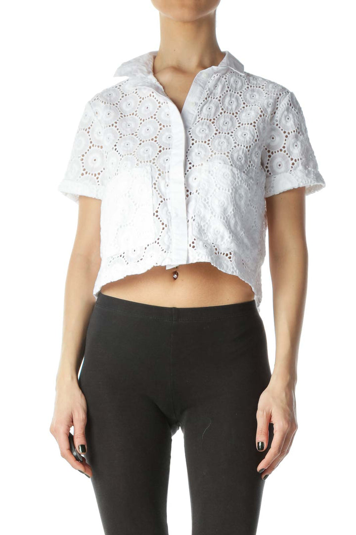 White Embroidered Pocket Cropped Blouse