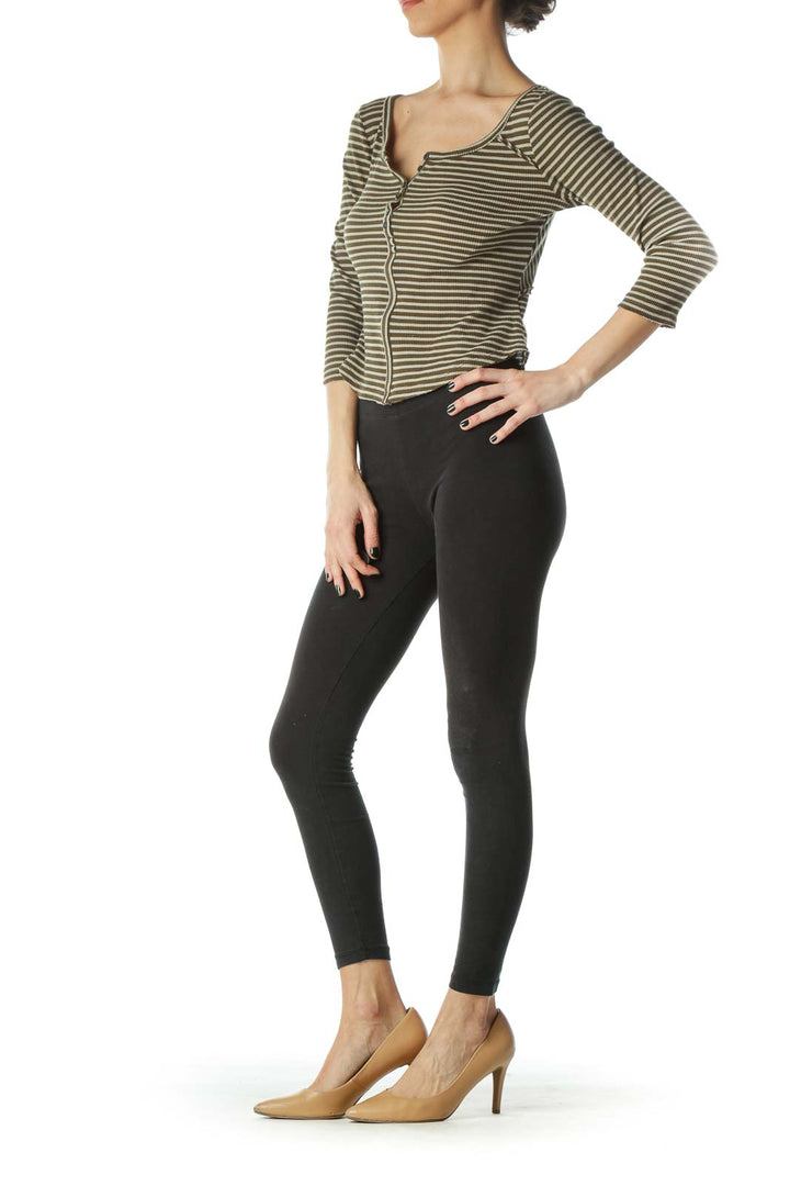 Green Striped Cropped 3/4 Sleeve Knit Top