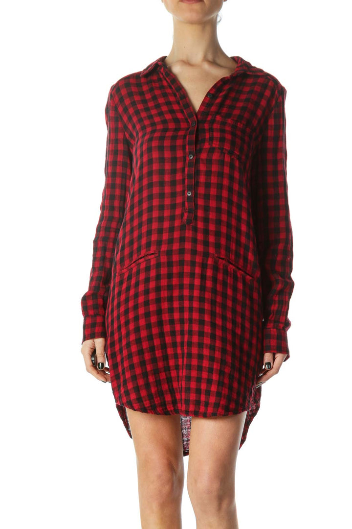 Red Plaid Pocketed Shirt Dress