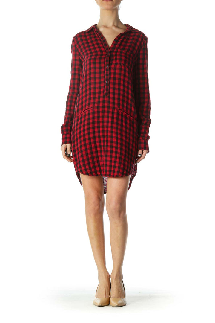 Red Plaid Pocketed Shirt Dress