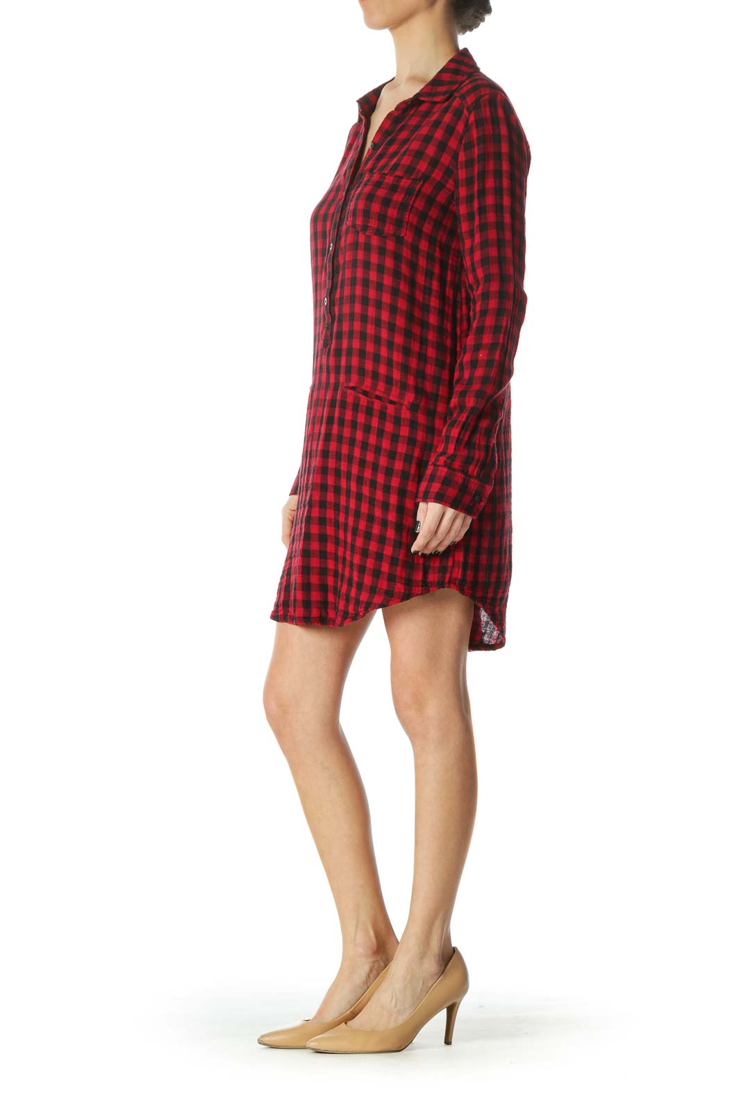 Red Plaid Pocketed Shirt Dress