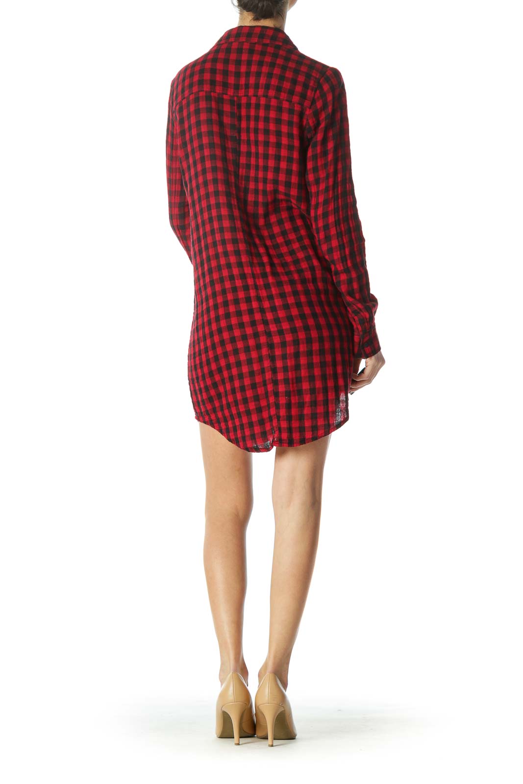 Red Plaid Pocketed Shirt Dress