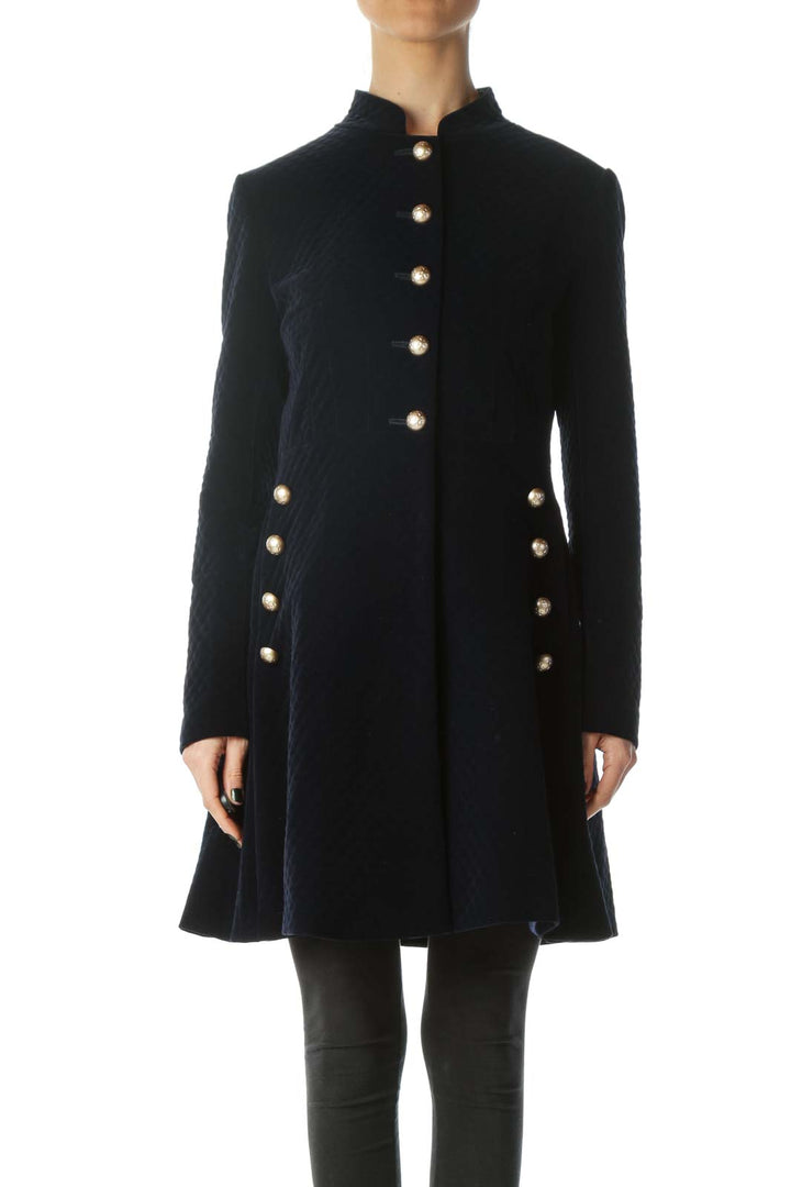 Blue Metallic Buttons Padded Long Jacket