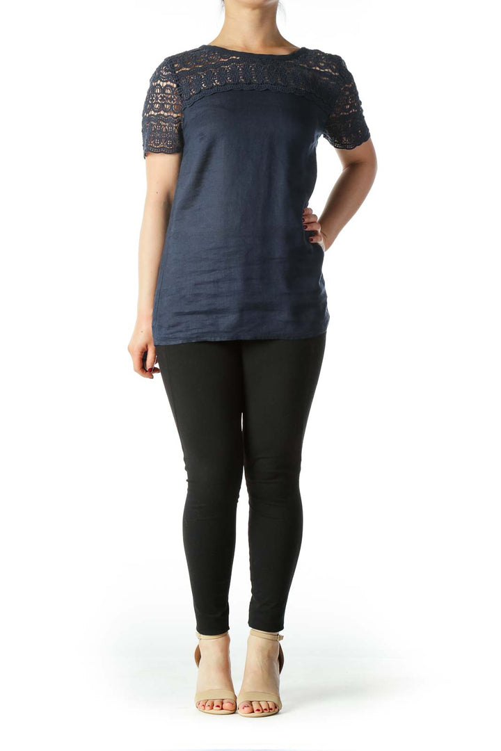 Navy Blue Linen and Cotton Round Neck Blouse