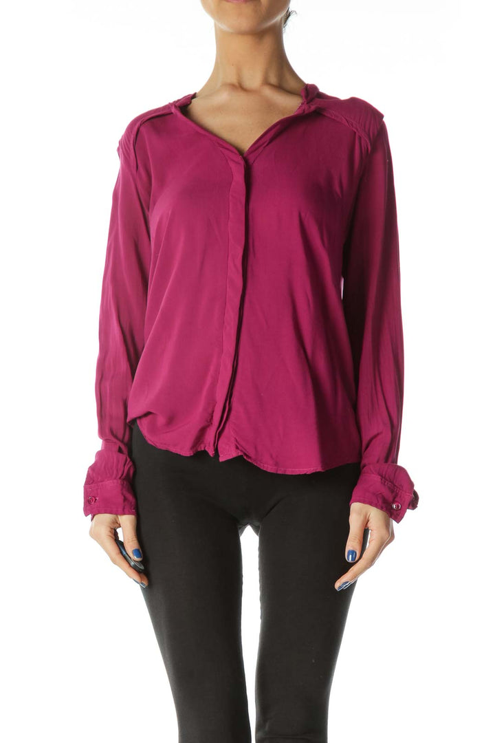 Pink V-Neck Buttoned Mixed Media Blouse