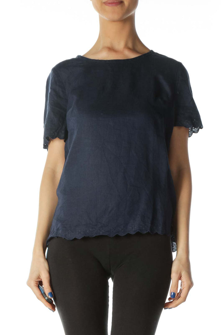 Navy Blue Open-Back Linen Blouse