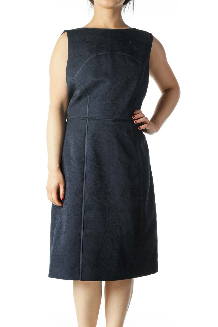 Navy Blue Textured Knee Length Work Dress