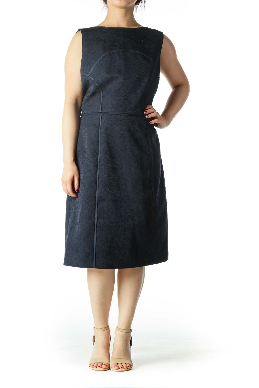 Navy Blue Textured Knee Length Work Dress