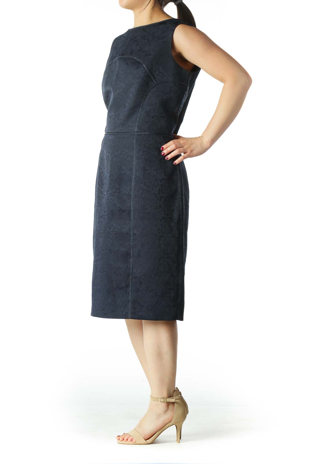 Navy Blue Textured Knee Length Work Dress