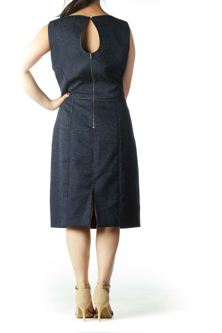 Navy Blue Textured Knee Length Work Dress