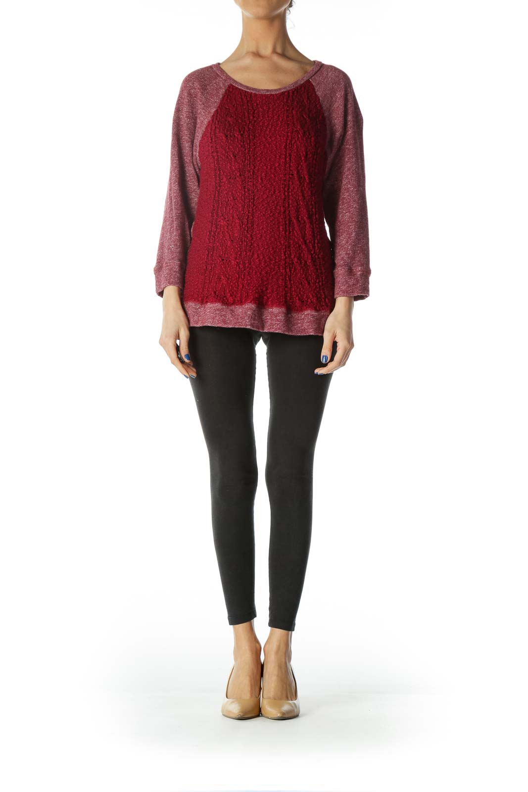 Burgundy Mottled Round Neck Knit Top