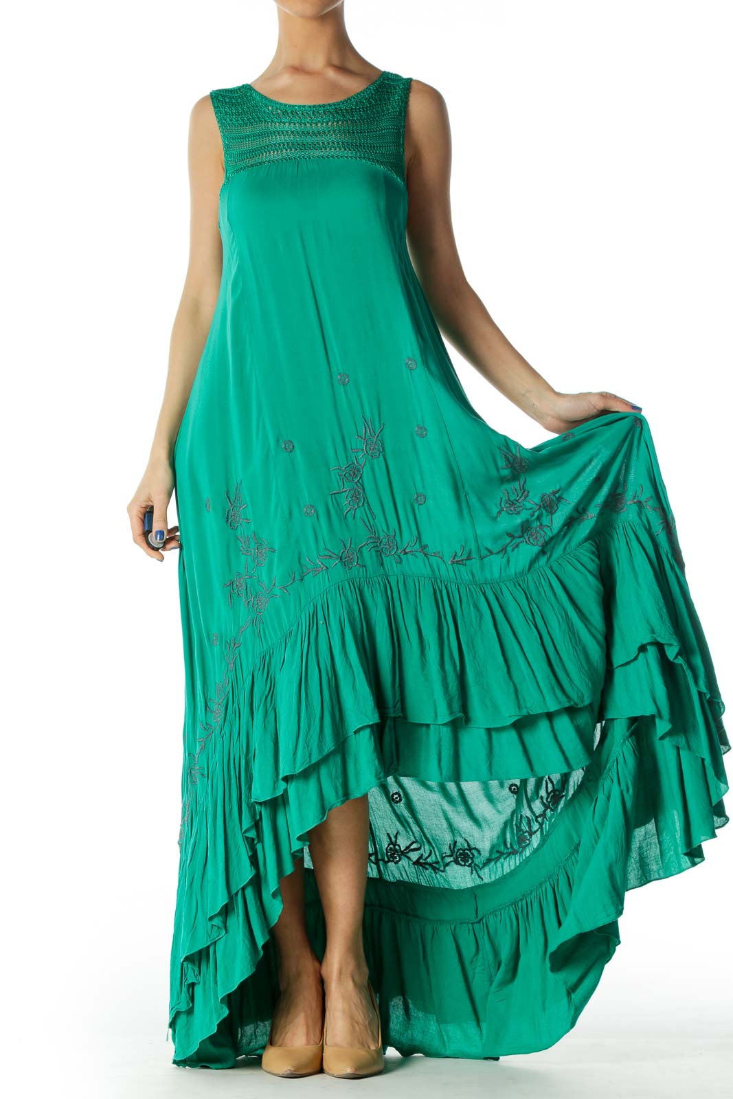 Front view of green Free People maxi dress with crochet neckline and embroidery