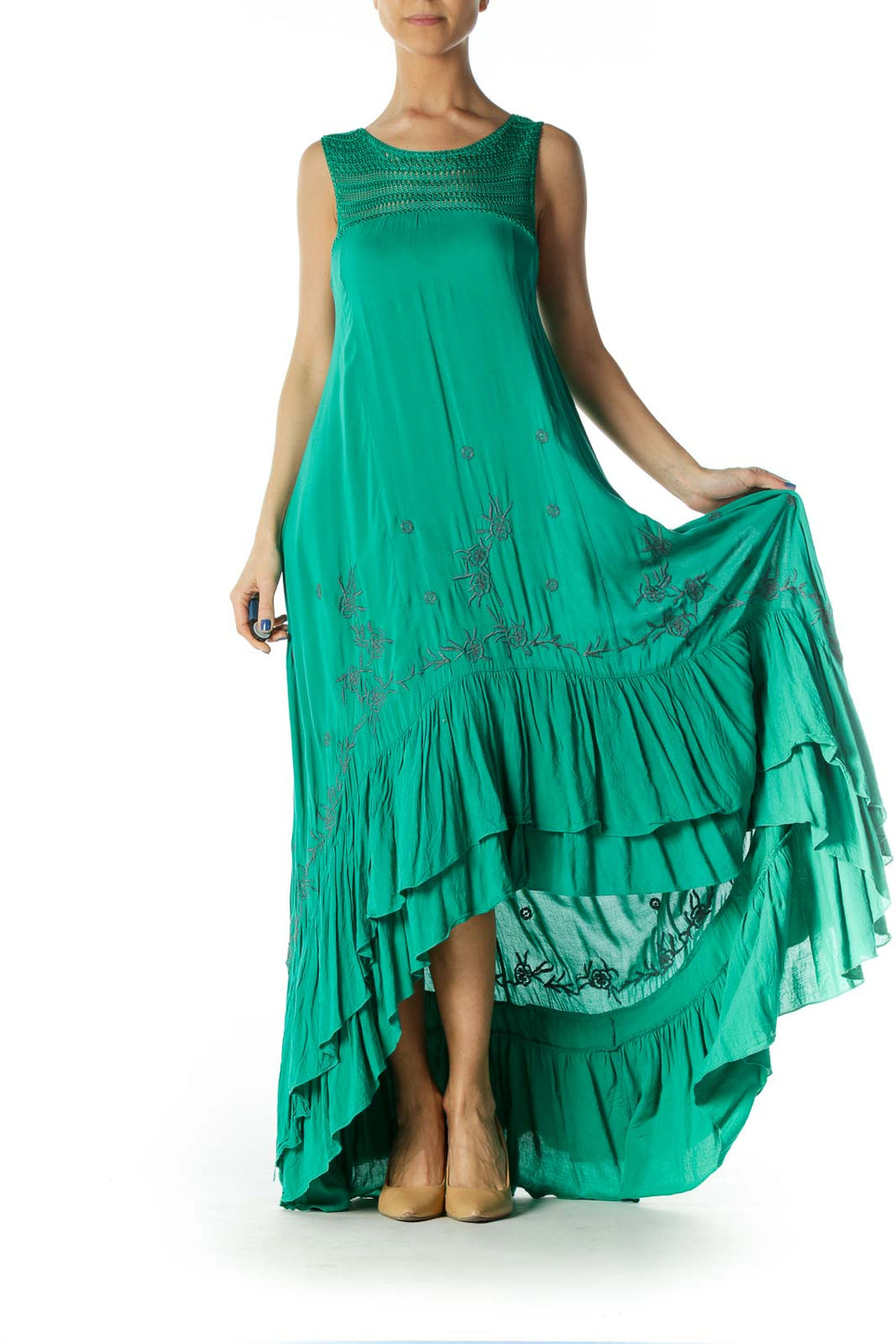 Front view of green Free People maxi dress with crochet neckline and embroidery